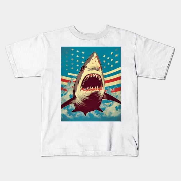 American Flag Patriotism and Freedom Great White Shark Kids T-Shirt by Unboxed Mind of J.A.Y LLC 